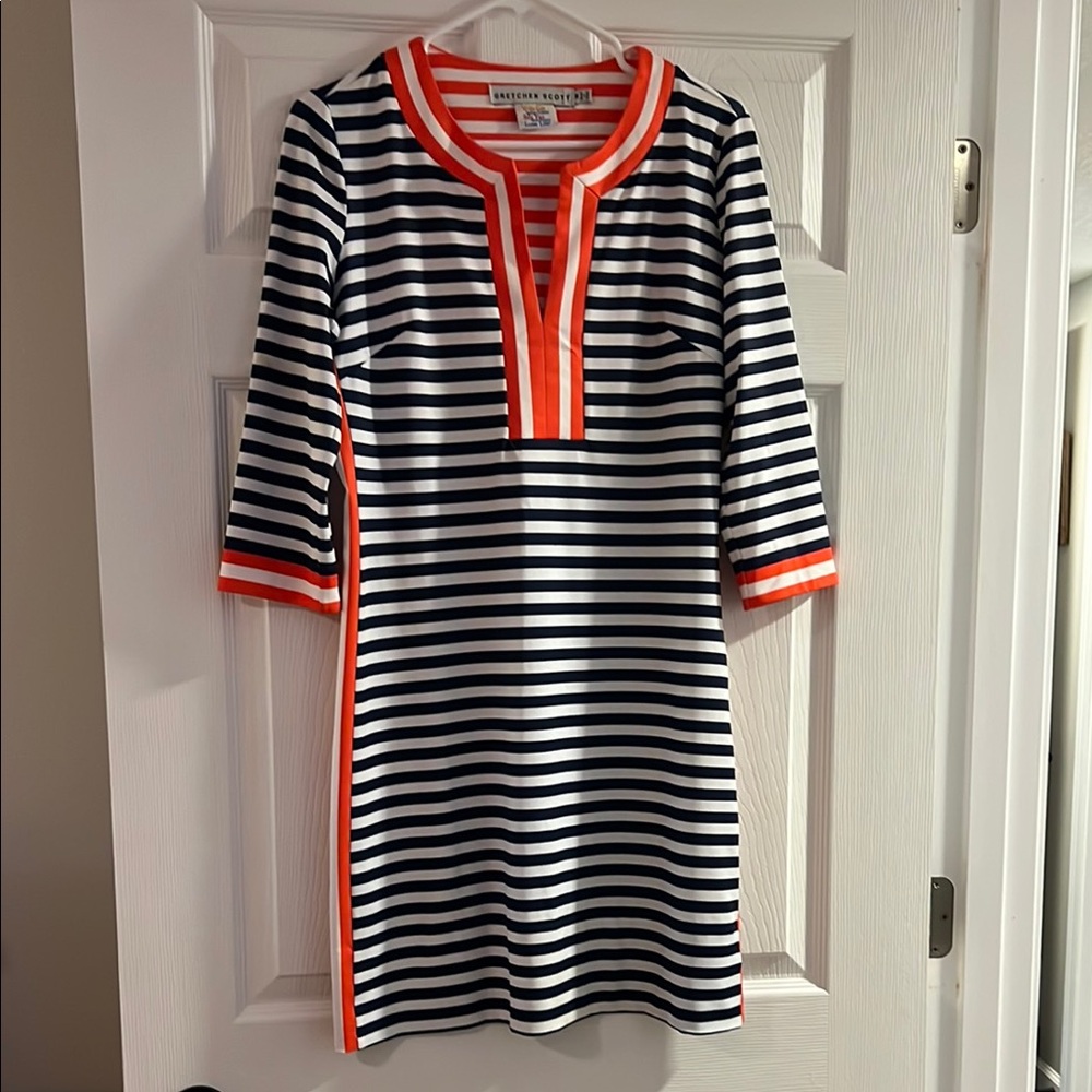 Gretchen Scott Navy & White Stripe Shift Dress with Orange Trim EUC.